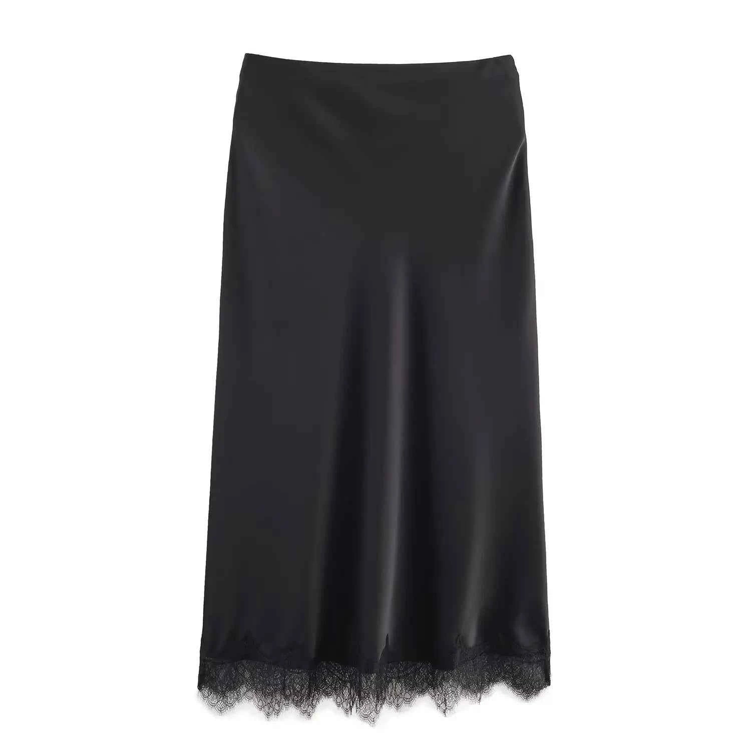 SAW Independent Station Sexy Lace Patchwork Satin Feel Mini Skirt Autumn Fashion Trendy Polyester Fiber Long A-Line Skirt