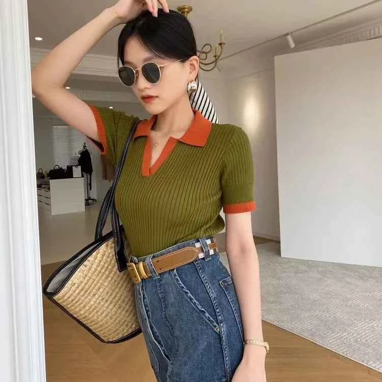 Vintage Panelled Knitted T-shirts Women V-neck French Style Slim Summer New Literary Fashion All-match Mature Elegant Ulzzang