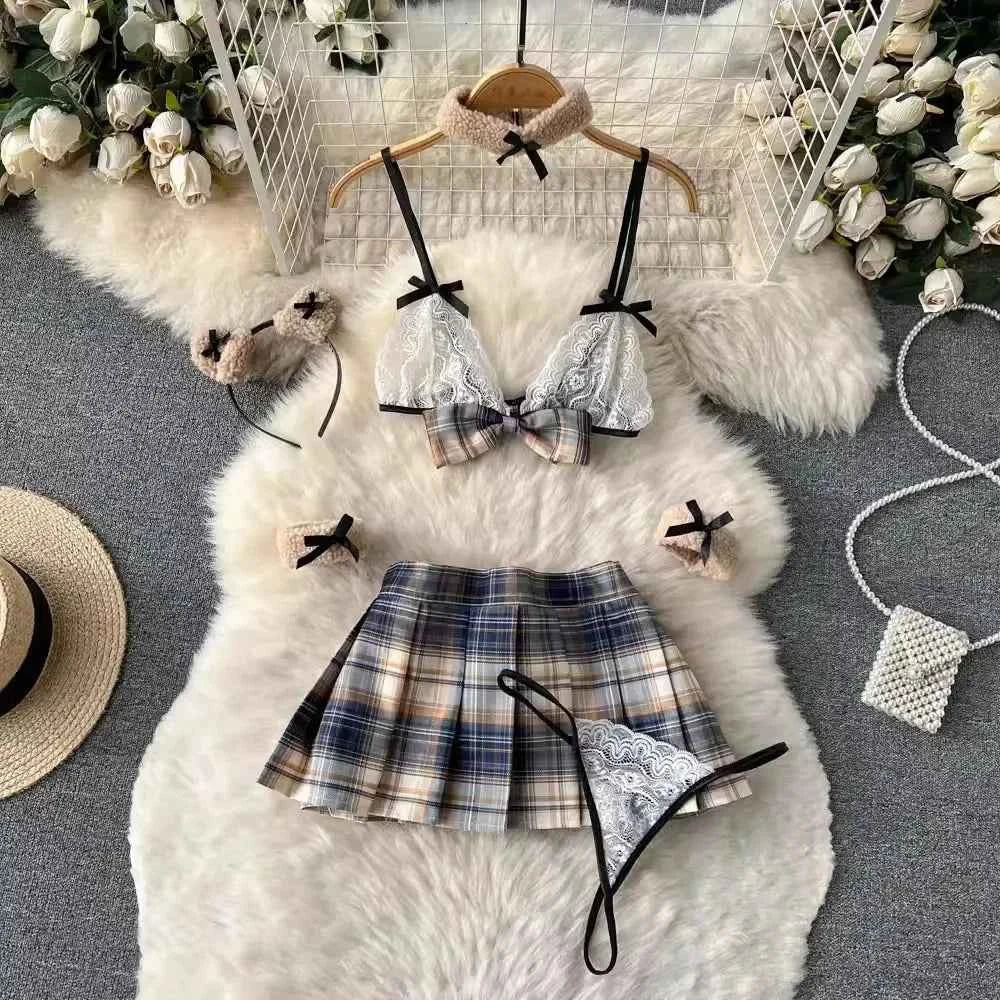Girls Sexy Cute Japanese JK Uniform  Mini Checkered Strap Skirt Off Shoulder High Waist Elastic Cosplay Dress Hot Sweet Pajama