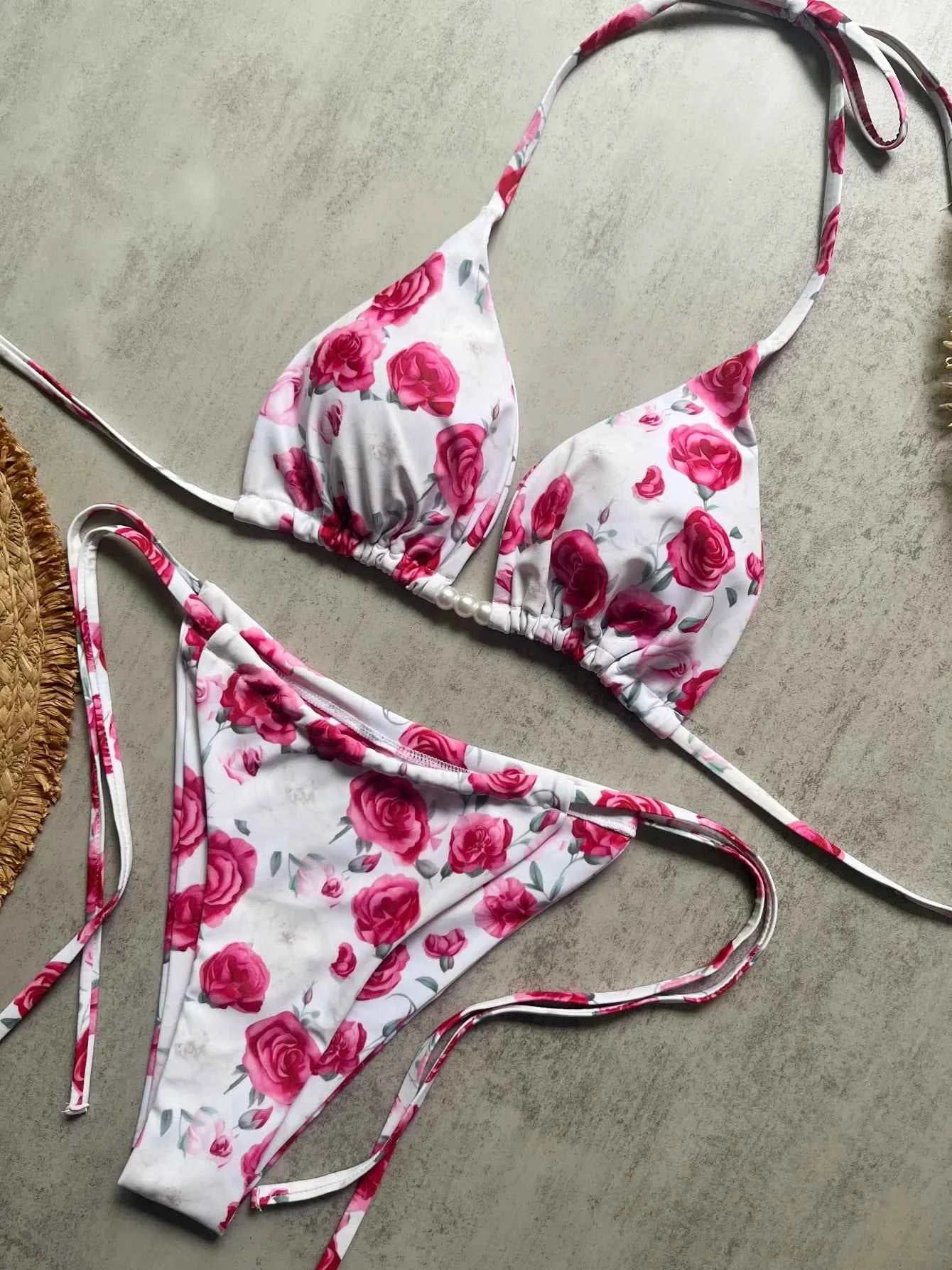 Micro Bikini 2026 Swimwear Women Swimsuit Sexy luxury Brazilian Bikini Set Halter Print Biquini Push Up Pearl Beachwear Female