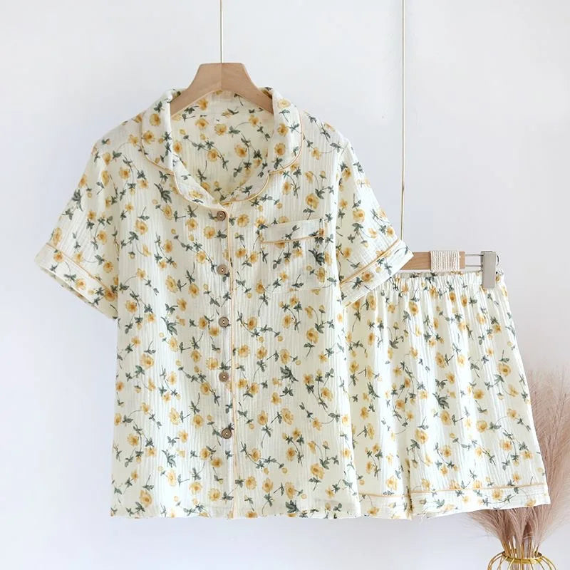 2025 Summer Women Pajamas Cute Tulip  Printing Sleepwear 100% Cotton Gauze Female 2 Piece Set  Nightwear Pyjamas Loungewear