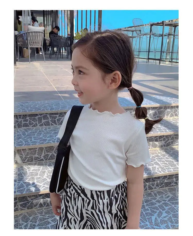Girls' Casual Ice Silk Short-Sleeve T-Shirt, New Korean Style Children's Ruffled Top, Solid Color, Simple and Versatile