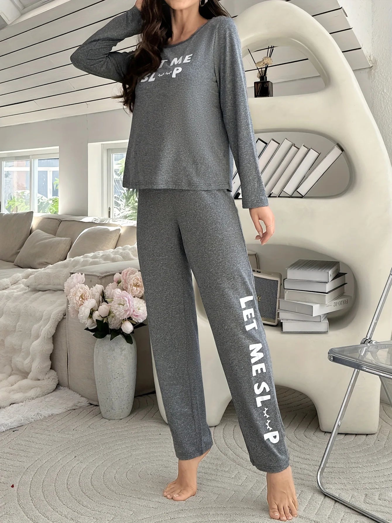 Women's Letters Print Pajamas Set Solid Simple Style Long Sleeve Crew Neck Top And Elastic Pants Trendy Women's Sleepwear