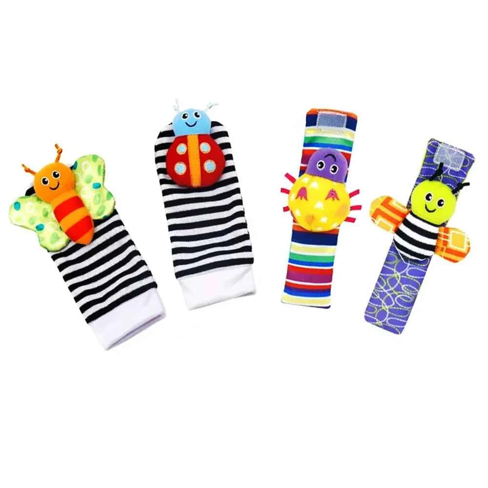 4pcs Baby Toy 0-12 Months Baby Rattles Toys Animal Socks Wrist Strap + Rattle Baby Foot Socks Bug Wrist Strap Baby Socks New