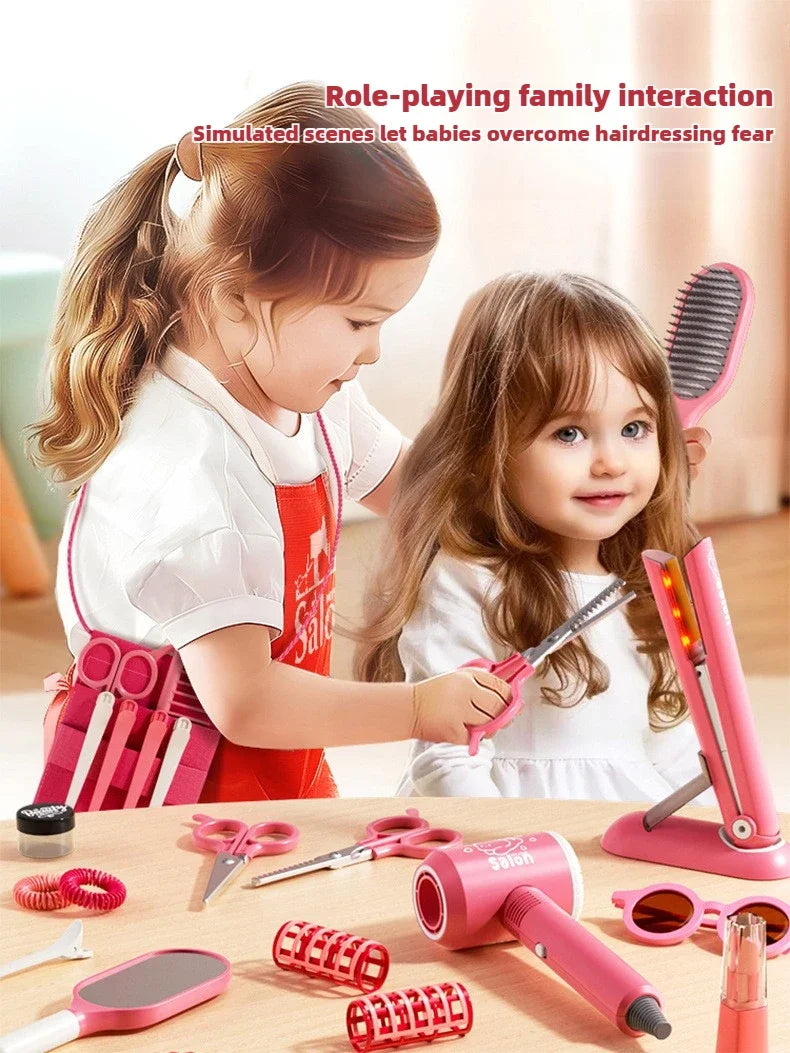 Girls Beauty Salon Set Kids Hair Beauty Makeup Set Simulation Hair Dryer Fashion Styling Tool Pretend Play House Gift Fun Game