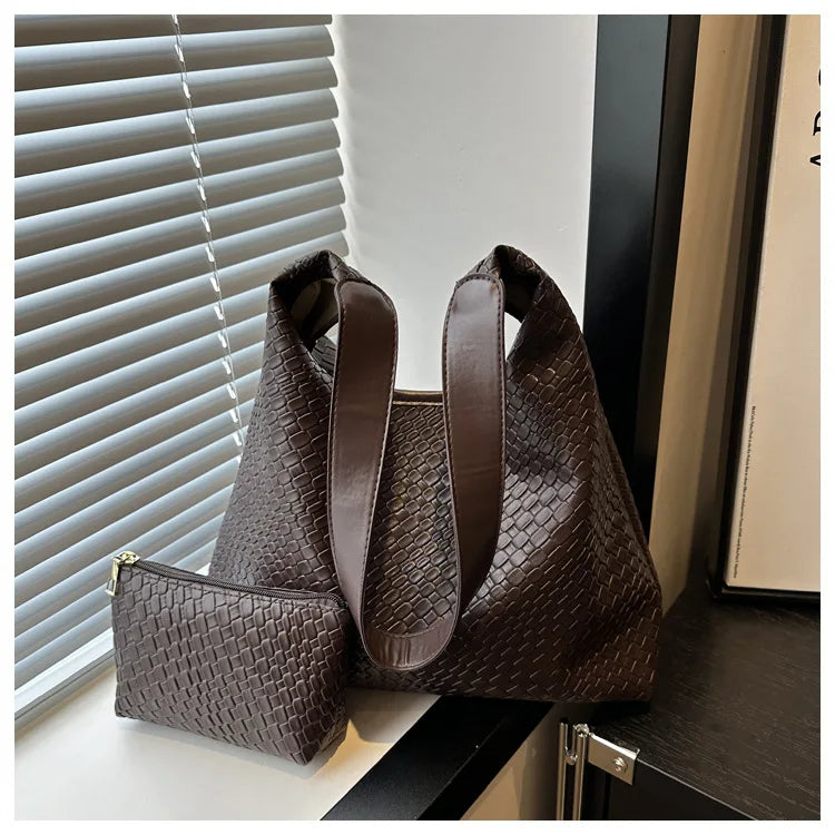 Women's Retro Artificial Leather Woven Pattern Shoulder Bag,Large Capacity Tote Bag,Casual Armpit Bag, Large Tote Bag,Daily Work