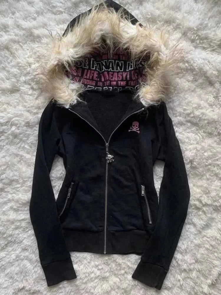 Black Goth Hoodie Women's Clothes Letter Skull Embroidery Zipper Y2k Coat Fashion Hooded Jacket Japanese Sweatshirts Y2K Tops