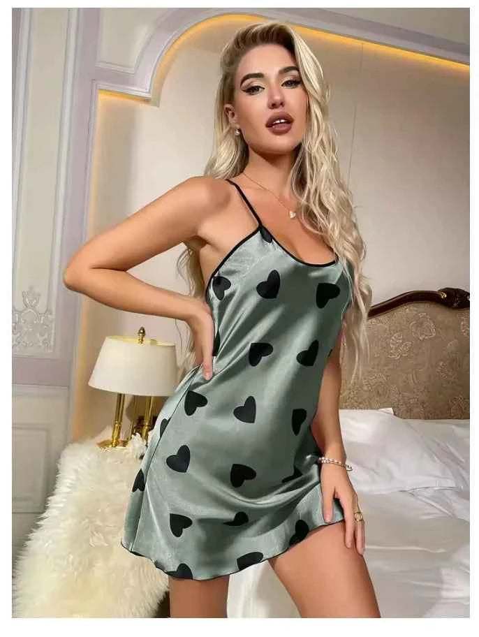 Heart Print Slip Nightdress Casual Crew Neck Criss Cross Back Sleepwear Women's Dresses