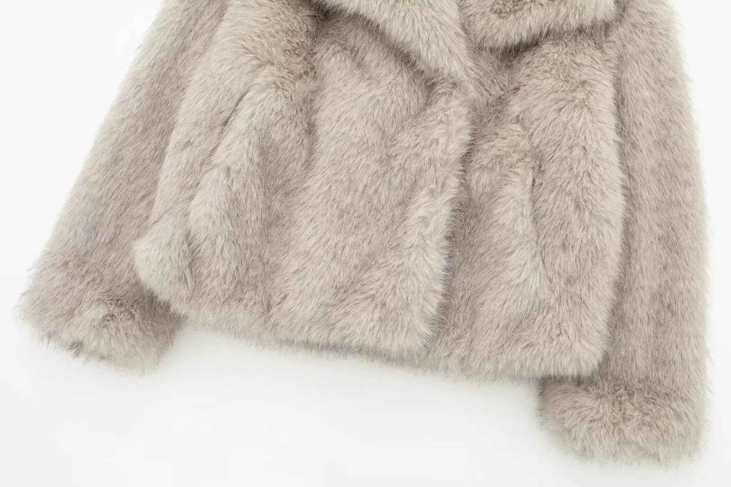 HH Women Fashion Cropped Faux Fur Jacket Coat Long Sleeve Front Snap-button Female Outerwear Chic Lapel Collar Thick Coat