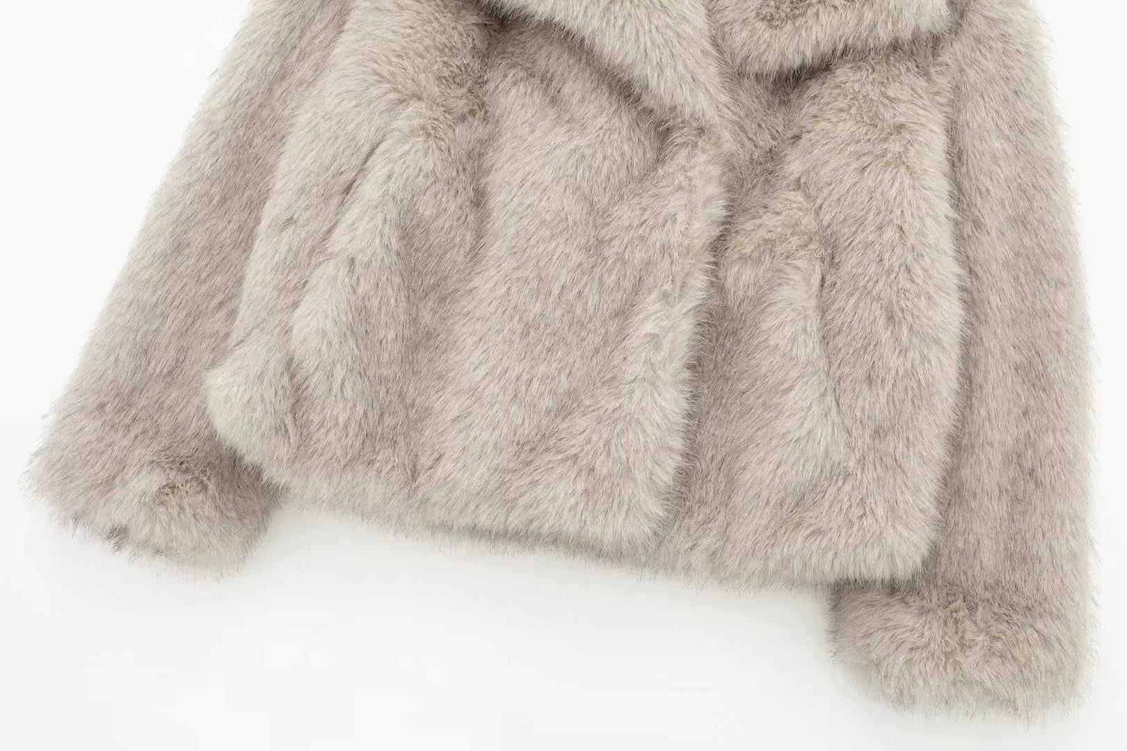 HH Women Fashion Cropped Faux Fur Jacket Coat Long Sleeve Front Snap-button Female Outerwear Chic Lapel Collar Thick Coat