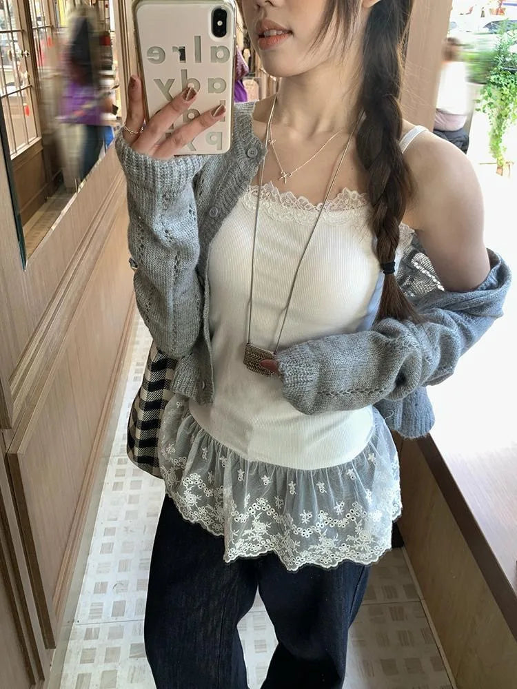 Lace Undershirt Ruffle Patchwork Hem Cami 2025 Sexy Top Women's Long Sleeveless T-Shirt Camisole Y2K Korean Gray Cotton Camis