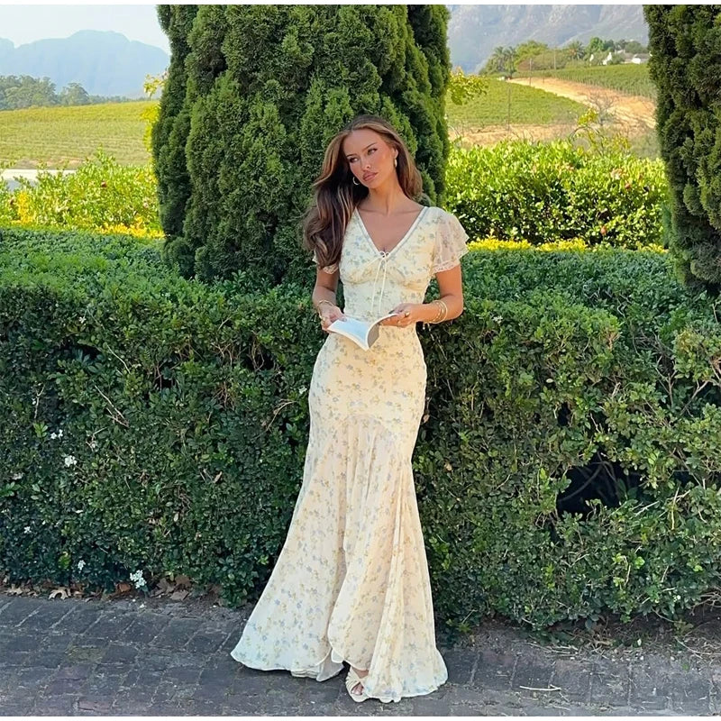 Women Elegant Printed Fishtail Dress Sexy V-neck Short Sleeve Waist-cinching Pleated Slim Maxi Dresses 2026 Lady Vacation Robe