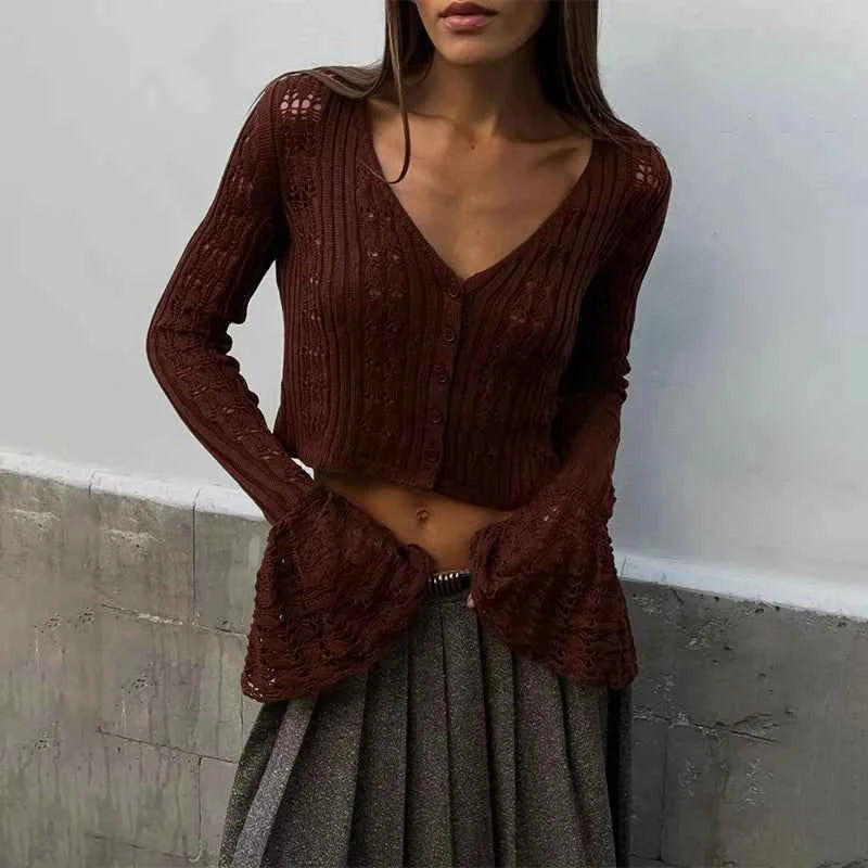 Trendix Summer Knit Long Sleeve Cardigan For Women V Neck Solid Bodycon Hollow Out Short Tops Party Club Slim Vacation Top Femme