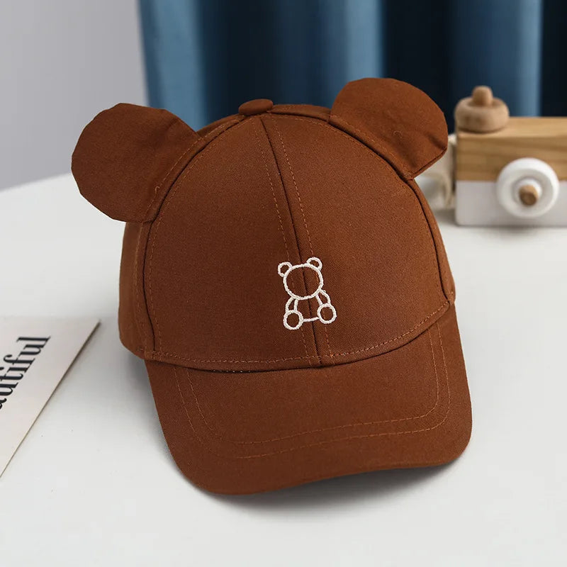 Cartoon Bear Baby Baseball Cap Cute Solid Color Toddler Sun Hat with Ears Summer Adjustable Kids Boy Girl Peaked Cap