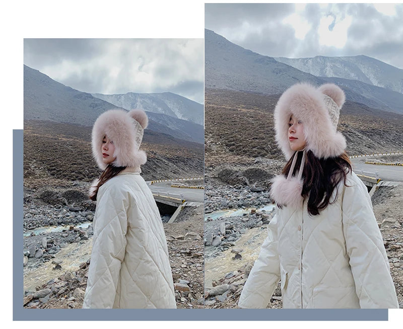 Winter Women Real Fox Fur Hat Fashion Casual Outdoor Warm Knitted Hats Girl Lovely 100% Natural Fox Fur Ear cap bomber caps