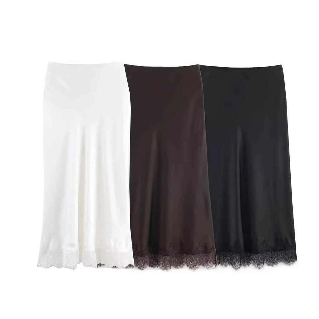SAW Independent Station Sexy Lace Patchwork Satin Feel Mini Skirt Autumn Fashion Trendy Polyester Fiber Long A-Line Skirt