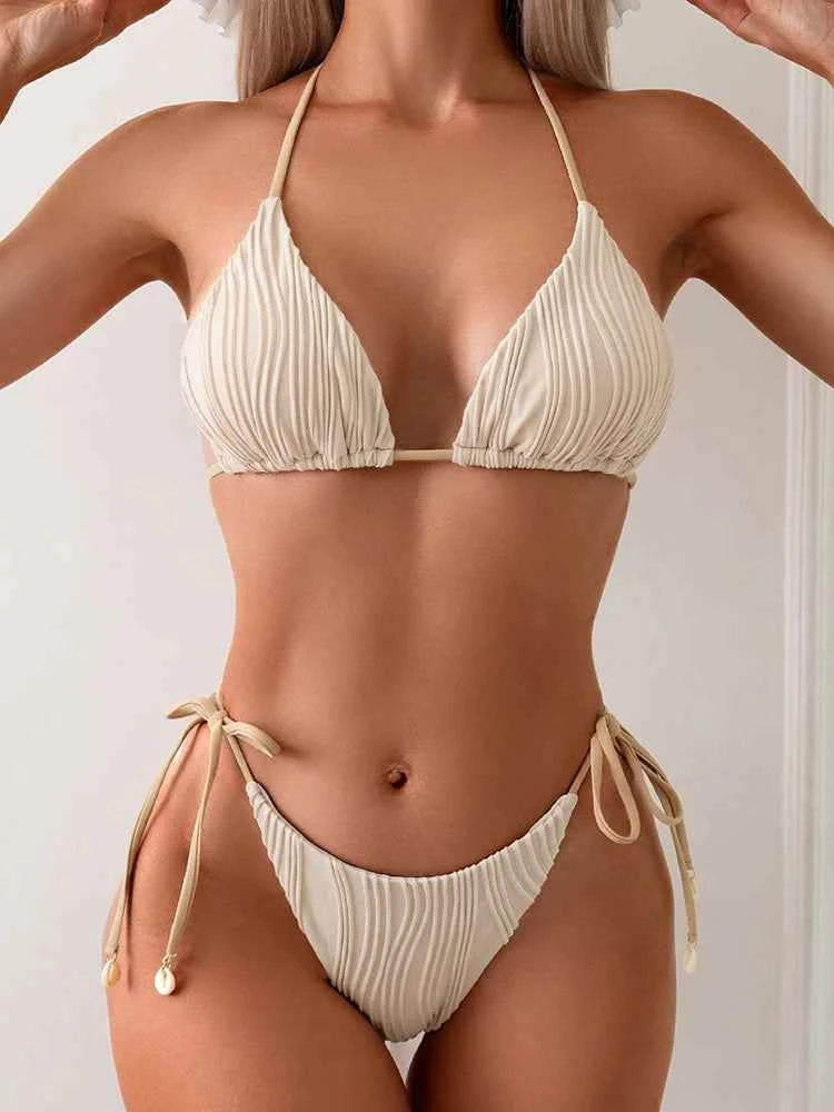 2025 New Tight Two-Piece Bikini Set Sexy Women Solid Halter Swimsuit Hollow Backless Swimwear Summer Push Up Beach Bathing Suit