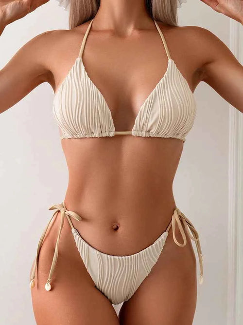 2025 New Tight Two-Piece Bikini Set Sexy Women Solid Halter Swimsuit Hollow Backless Swimwear Summer Push Up Beach Bathing Suit