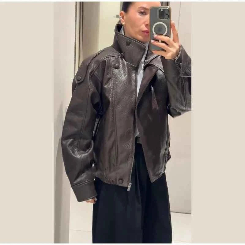 Vintage PU Leather Women's Jacket Stand Collar Zipper Button Coats Female Long Sleeve Outerwear Spring Lady Street Jackets