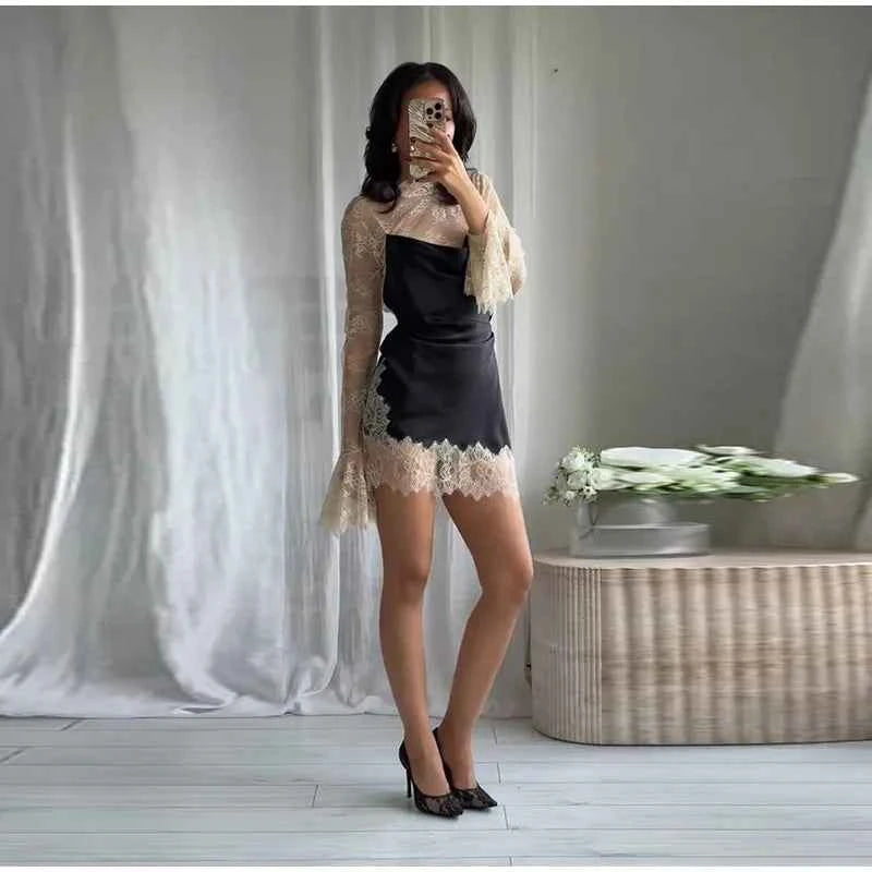Elegant Lace Trim Satin Dress Women High Neck Color Block Full Sleeve Y2K Mini Dresses 2026 Spring Lady New Sexy Party Clubwear
