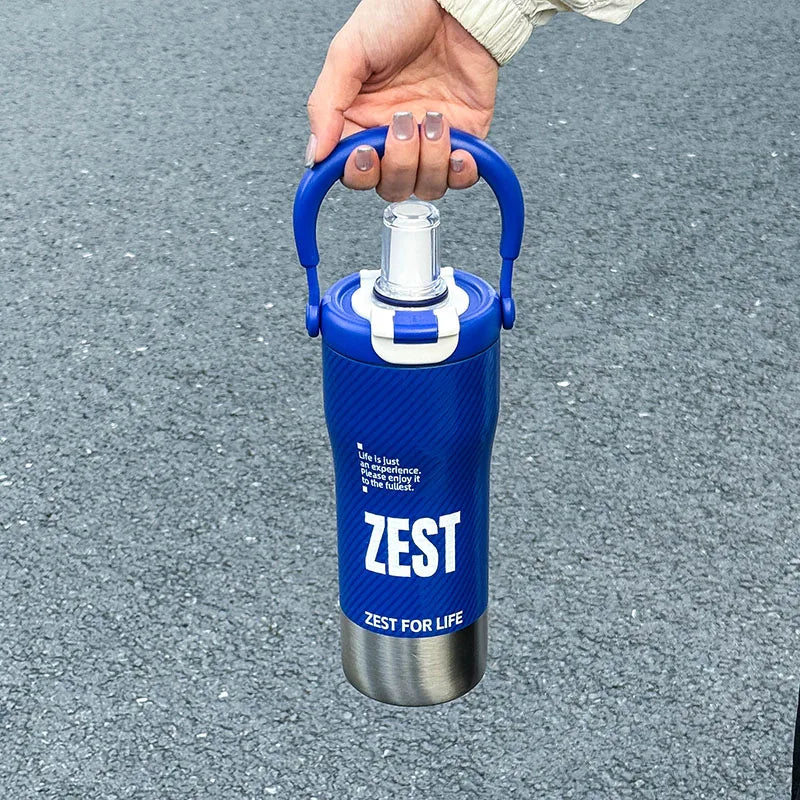 1pc Minimalist Sports-Style Insulated Water Bottle with Straw, 600ML with Handle, Lid Supporting Both Straw & Direct Drinking