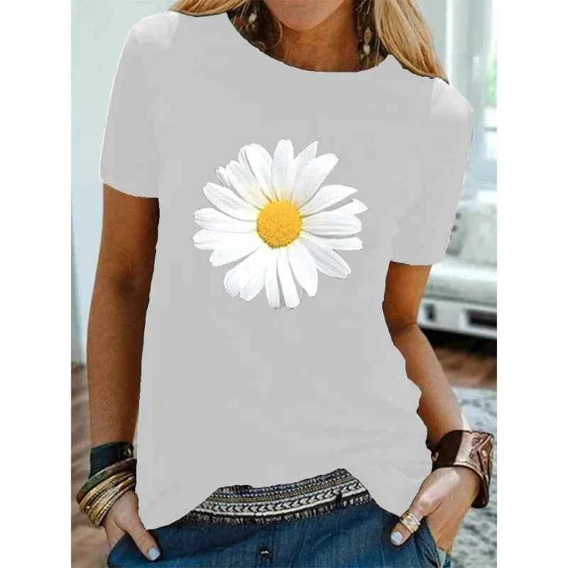 Cotton  100% Women's Round-neck Daisy Print Short-sleeved T-shirt for Women Harajuku  Aesthetic Clothes  Graphic T Shirts  Tops