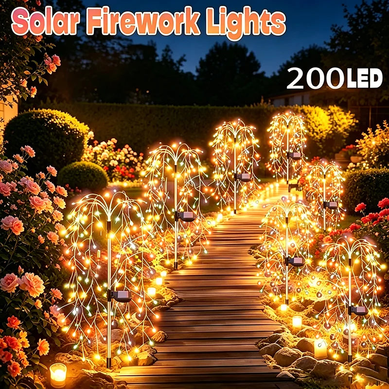 200 LEDs Solar Garden Lights Outdoor Sparkler Fireworks Starburst Colorful&warm Lighting Waterproof Outside Yard Art Decorations