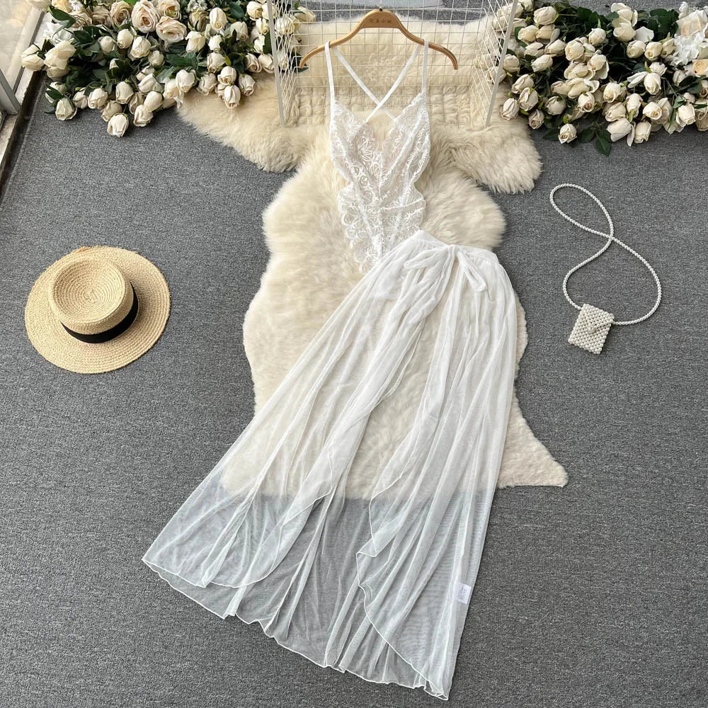 Summer Girls Sexy Hot Sweet Transparent Suspender Mini Dress Women Elastic Waist And Backless Strap Lolita Pajamas Bubble Skirt
