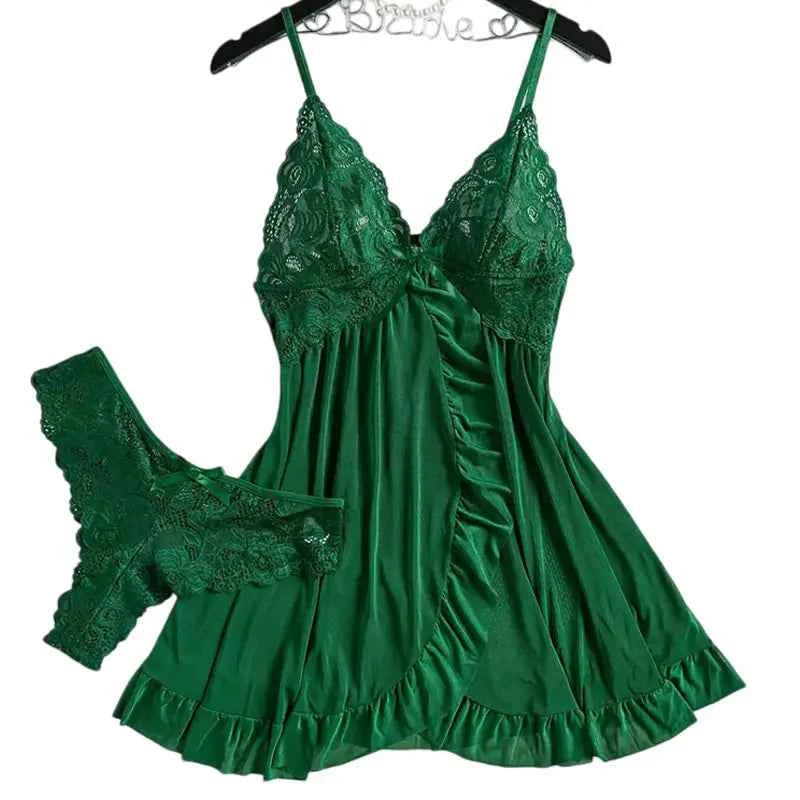 Soft Sheer Nighty Pajamas Hotselling Nightgowns Dark Green Halter Dress Women Sleepwear Sexy Bra Plus Size Nightdress Thong Sets