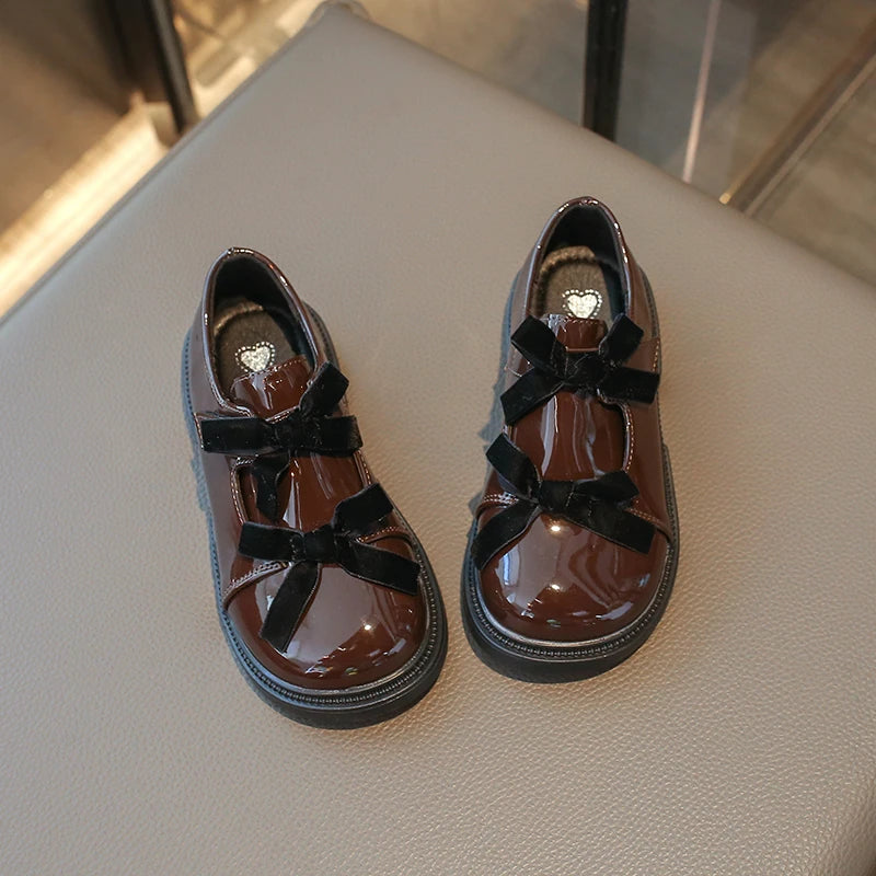 Chic Girls Black Mary Jane Shoes with Double Bowknot Spring Autumn Kids Princess Leather Shoe Fashion Causal Children Flat Shoes