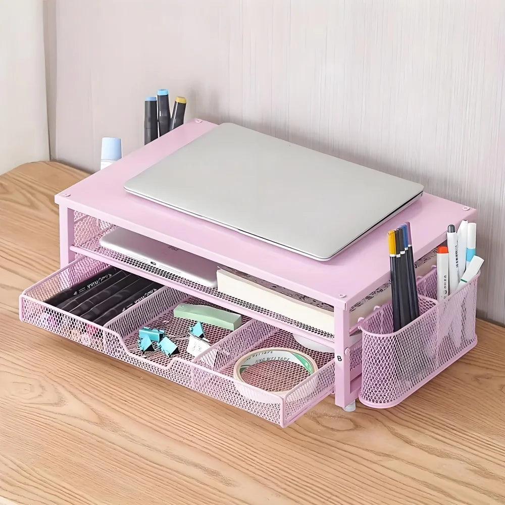 2-Tier Desk Organizers and Accessories, Pink & Black Computer Monitor Stand with Drawer, Pen Storage & Tablet Phone Holder