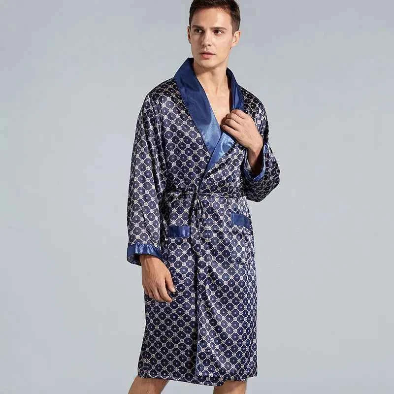Plus Size 3XL 4XL 5XL Men Robe Sleepwear Navy Blue Stripe Kimono Bathrobe Gown with Pocket Summer Satin Home Clothes Lounge Wear