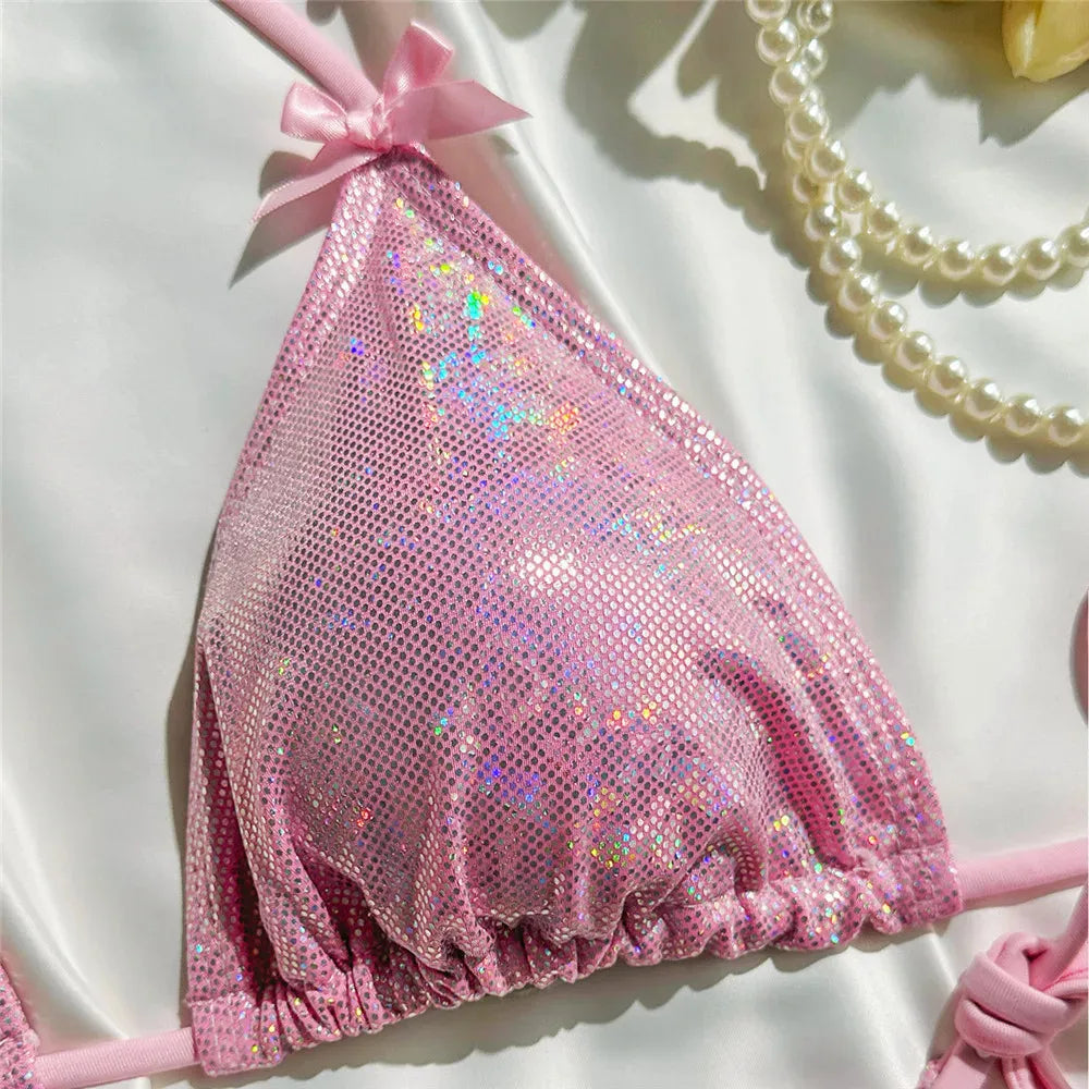Yellow Halter String Triangle Micro Bikini Thong Solid Swimwears Bow Pearl Sexy Swimsuit Women Bathing Suit Bikinis Sets 2026