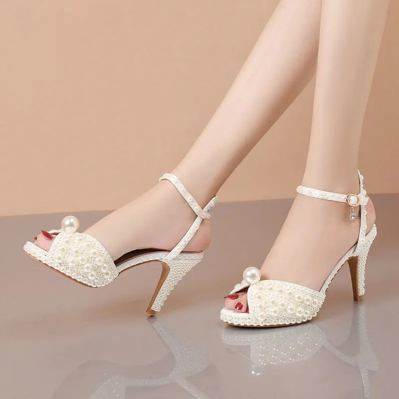 2025 Autumn New Fish Mouth High Heels Waterproof Platform Shallow Mouth 8.5cm Pearl Women'S Single Shoes Bride Wedding Shoes