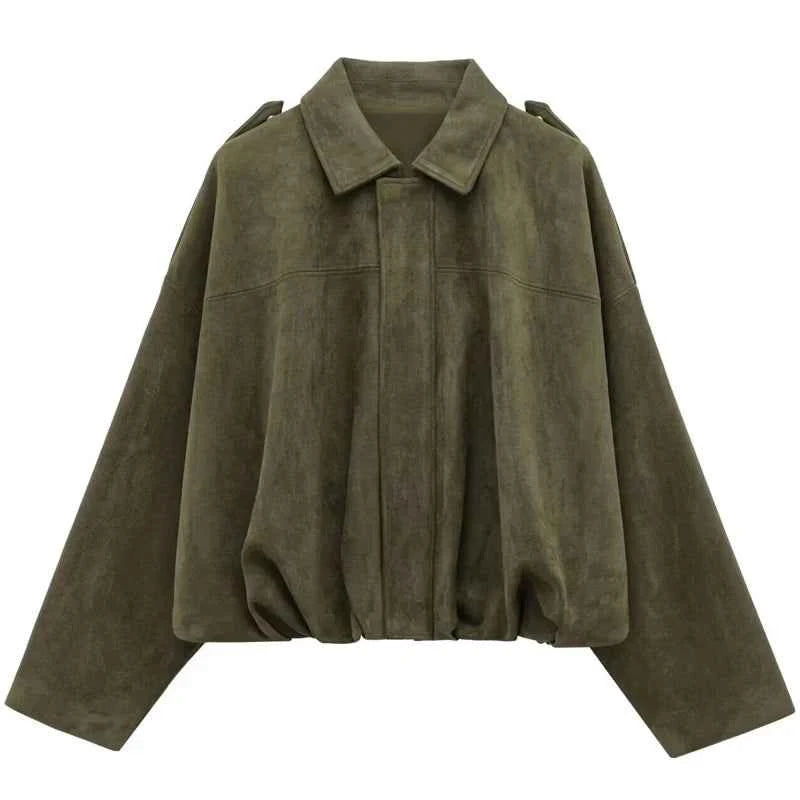HXAO Suede Cropped Jacket Women's Bomber Jacket Oversized Batwing Sleeves Outerwears Lady Casual Loose Coat Street Style Jackets