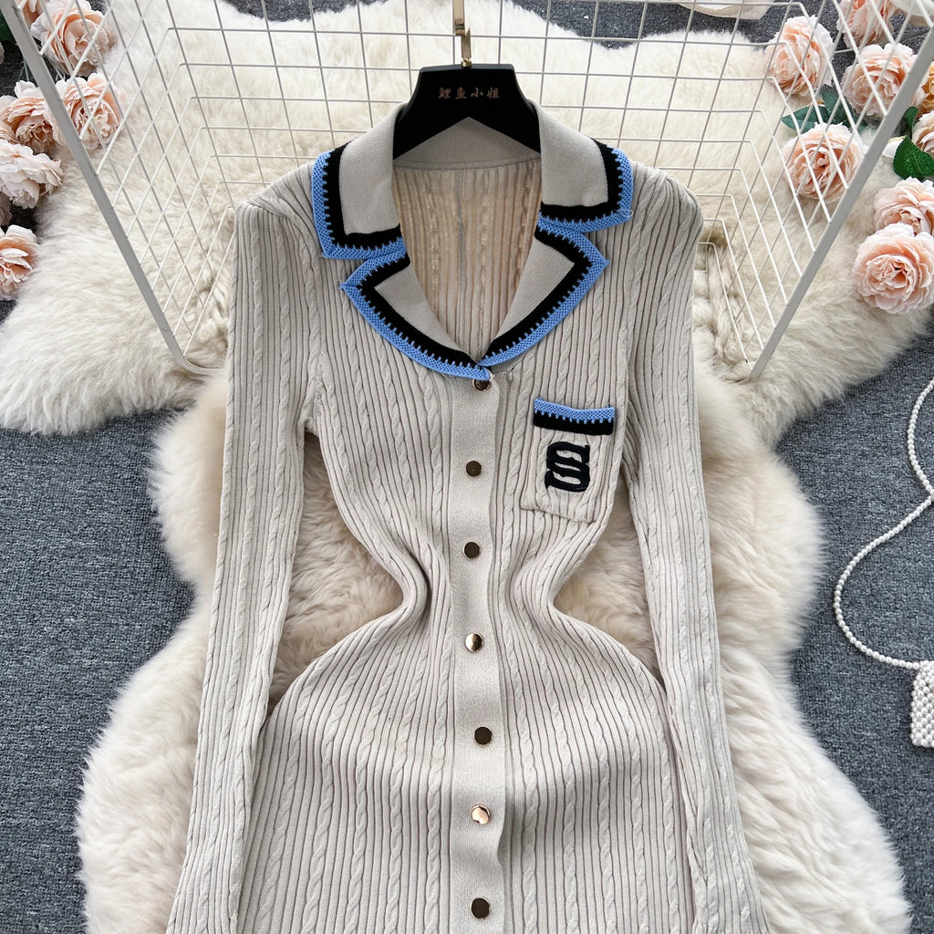 SINGREINY Autumn Winter Wear Dress Women Polo Single Breasted Pocket Design Bodycon Knitting Temperament Sweater Long Dresses