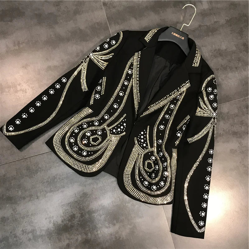 DEAT 2024 New autumn Turn-down Collar Full Sleeves Metal Beaded No Buttons Short jackets Female Single Suit WF18501L Black