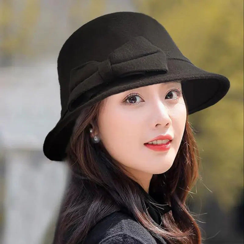 Women Elegant Wool Felt Fedoras Hat Autumn Winter Warm Solid Color Bow Bucket Dome Cap Ladies Fashion Retro Church Top Hats