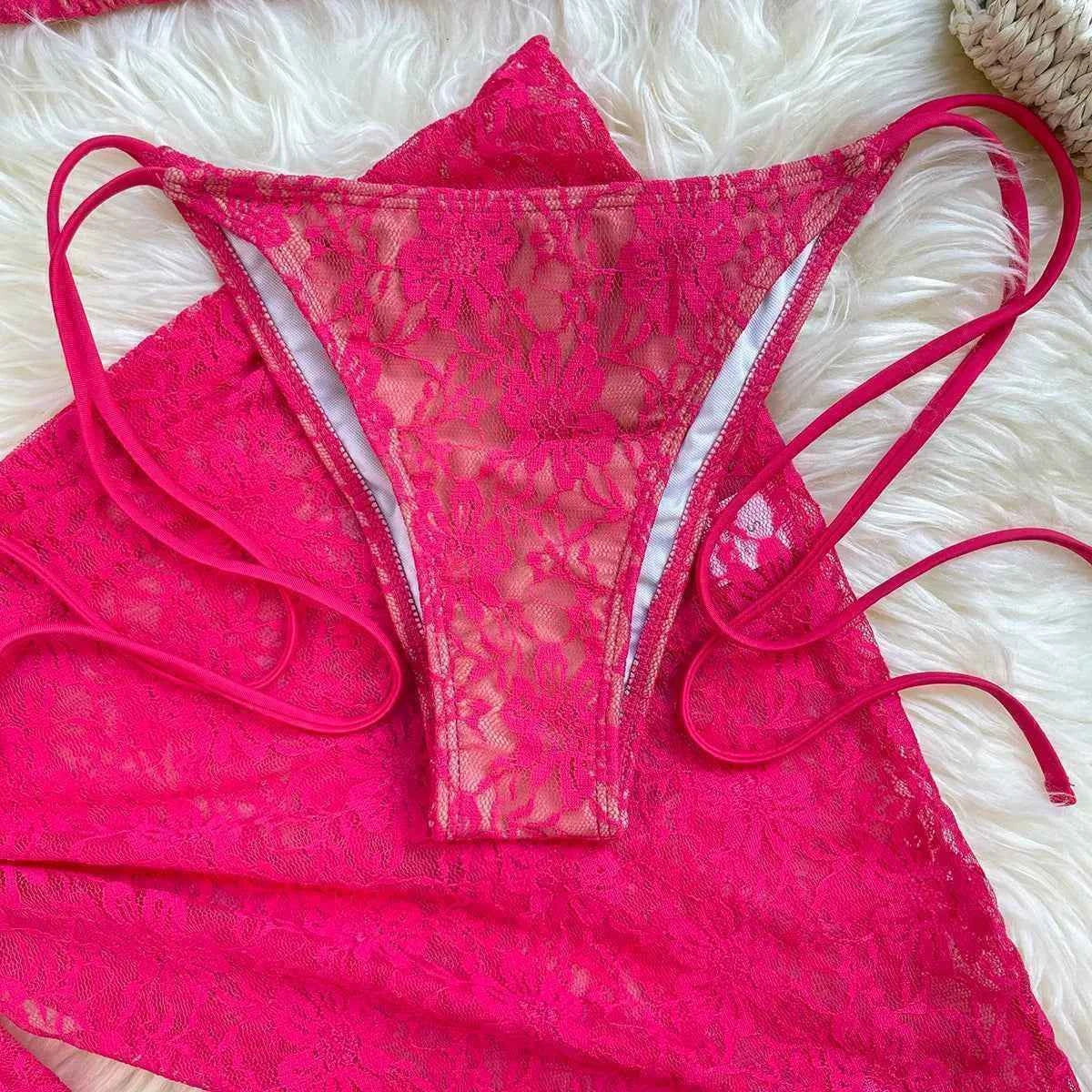 Lace Fabric Three-pieces Swimsuit Set With Sarong Bikini Inspired Women's Swimwear Beachwear Bathing Suit Vacay Outfit Biquini