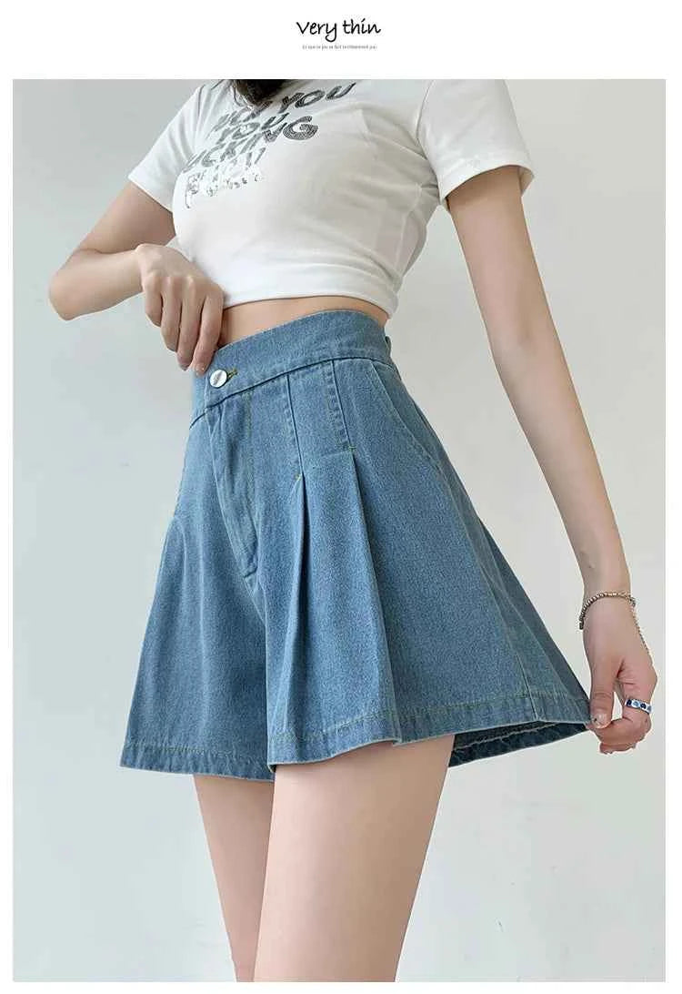 DFRCAEG 2024 Summer Plus Size Denim Shorts For Women High Elastic Waist Blue Or Sky Blue Pleated Mini Large Size Short Femme