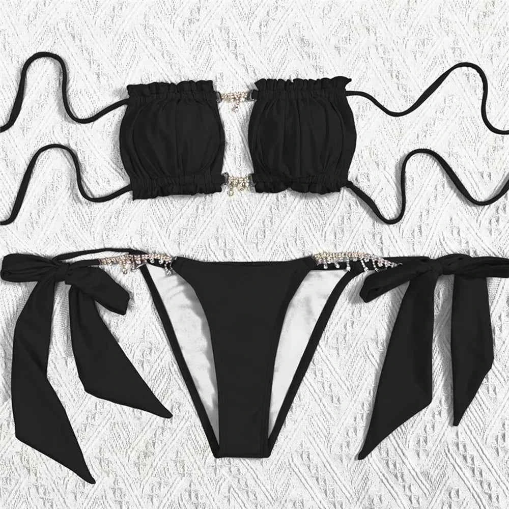 Sexy Rhinestone Chain Micro Thong Bikini Women Swimwear Ruffled Bandeau Swimsuit Knotted Bathing Swimming Suit Bikinis Sets 2026