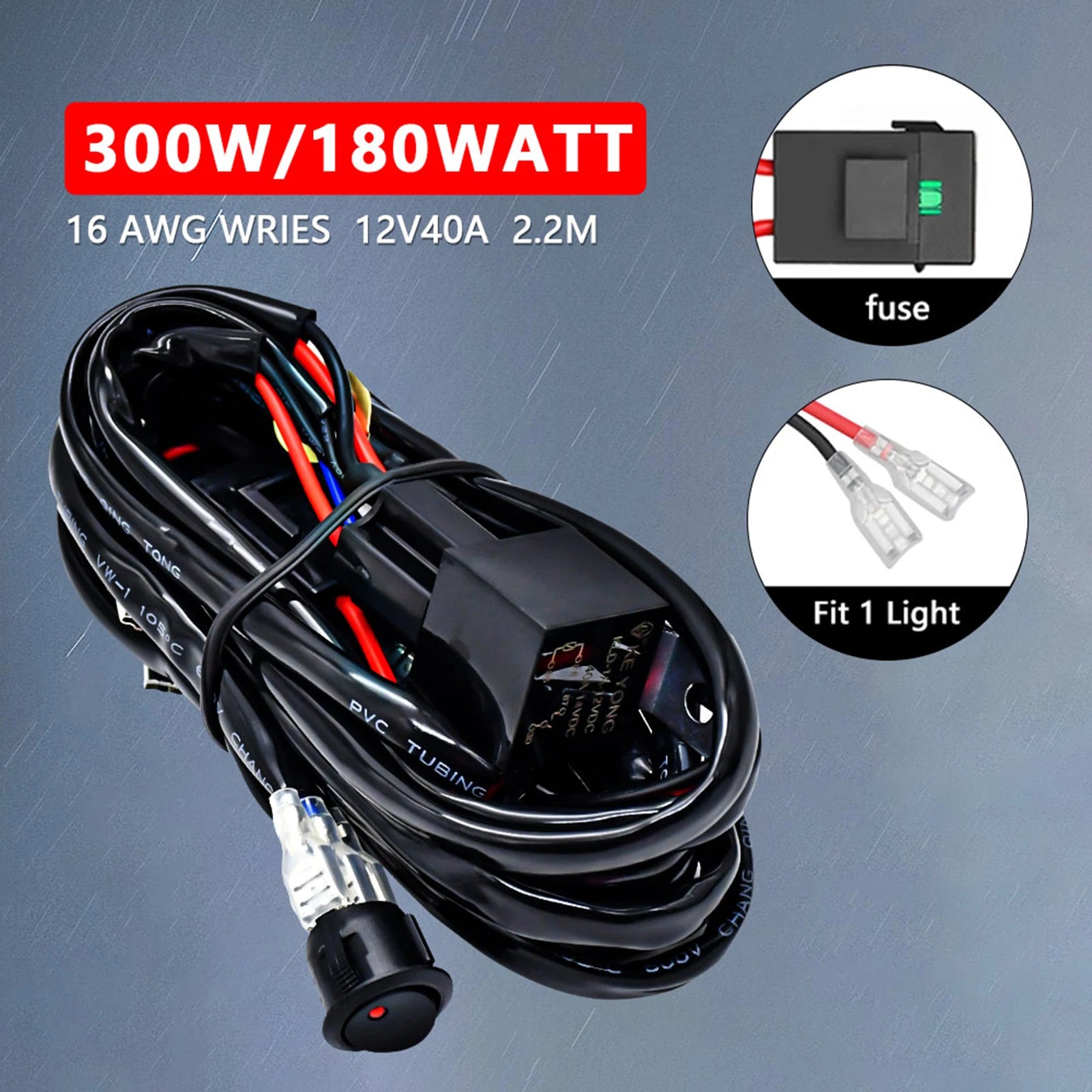 LED Light Bar Wiring Harness Kit, 300W Universal LED Work Light Bar Wiring Harness 12V 40A for Off-Road Vehicles Fit 2 Light