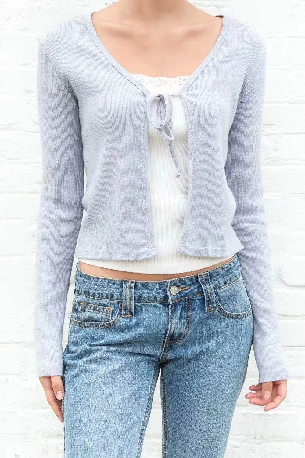 Women Casual Solid Slim T-Shirts 2022 Summer Sexy V Neck Lace Up Cotton Ribbed Y2k Crop Top Sweet Cute Long Sleeve T Shirt Tops