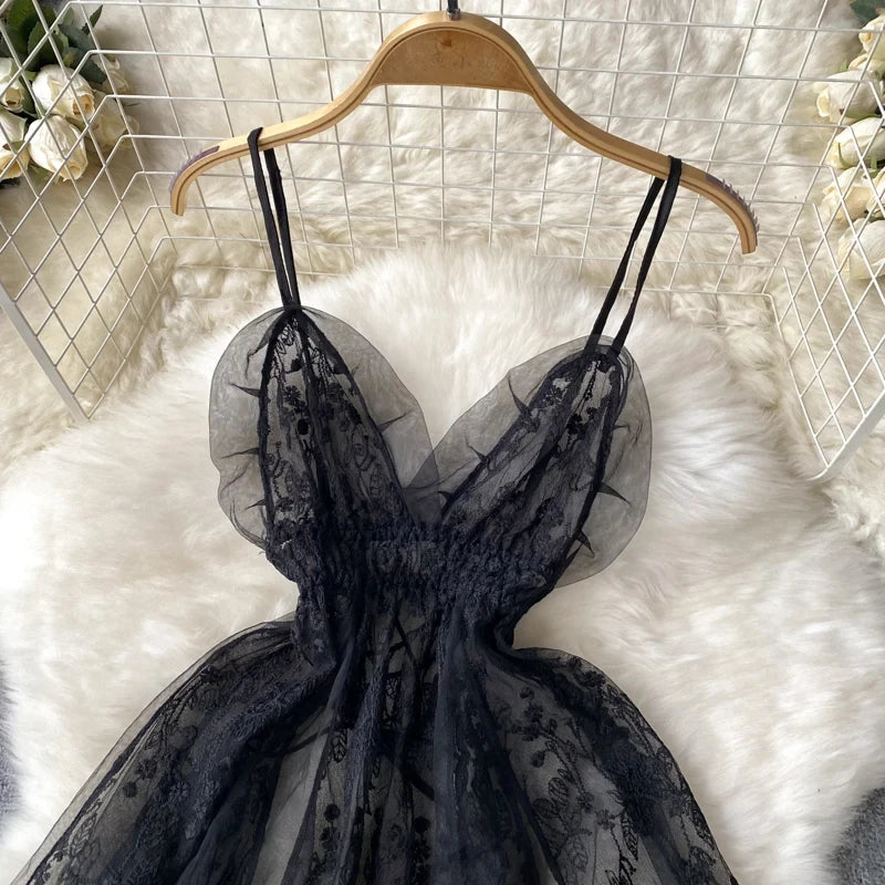 Summer Girls Sexy Hot Sweet Transparent Suspender Mini Dress Women Elastic Waist And Backless Strap Lolita Pajamas Bubble Skirt