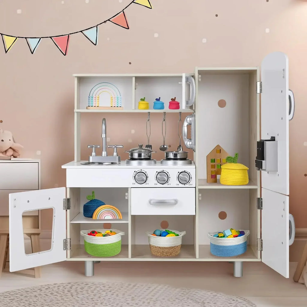 Wooden Play Kitchen Set Pretend Play Kitchen with Lights and Sounds for Kids Ages 3+, Includes Stove Oven Microwave Coffee Maker