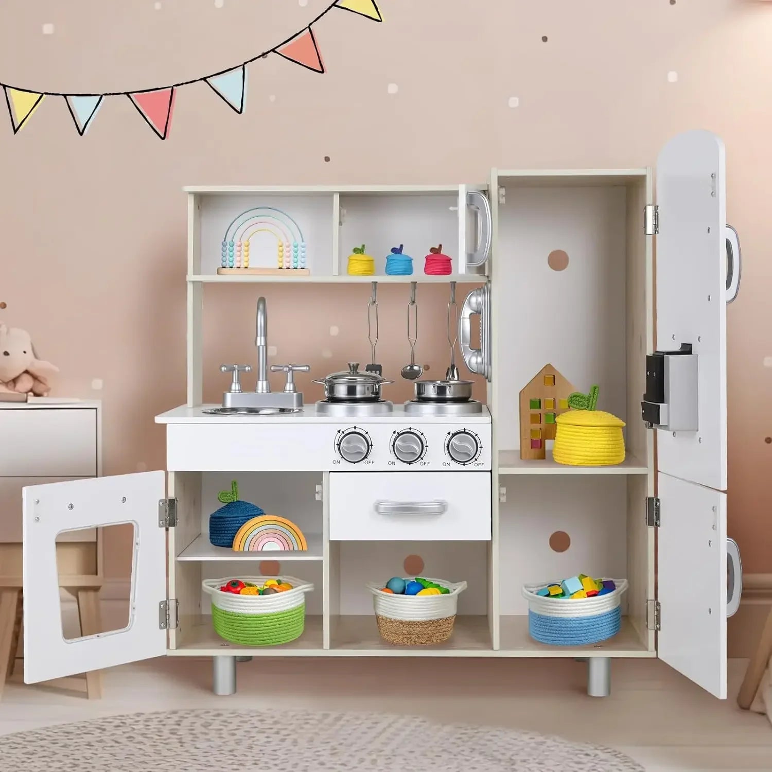 Wooden Play Kitchen Set Pretend Play Kitchen with Lights and Sounds for Kids Ages 3+, Includes Stove Oven Microwave Coffee Maker