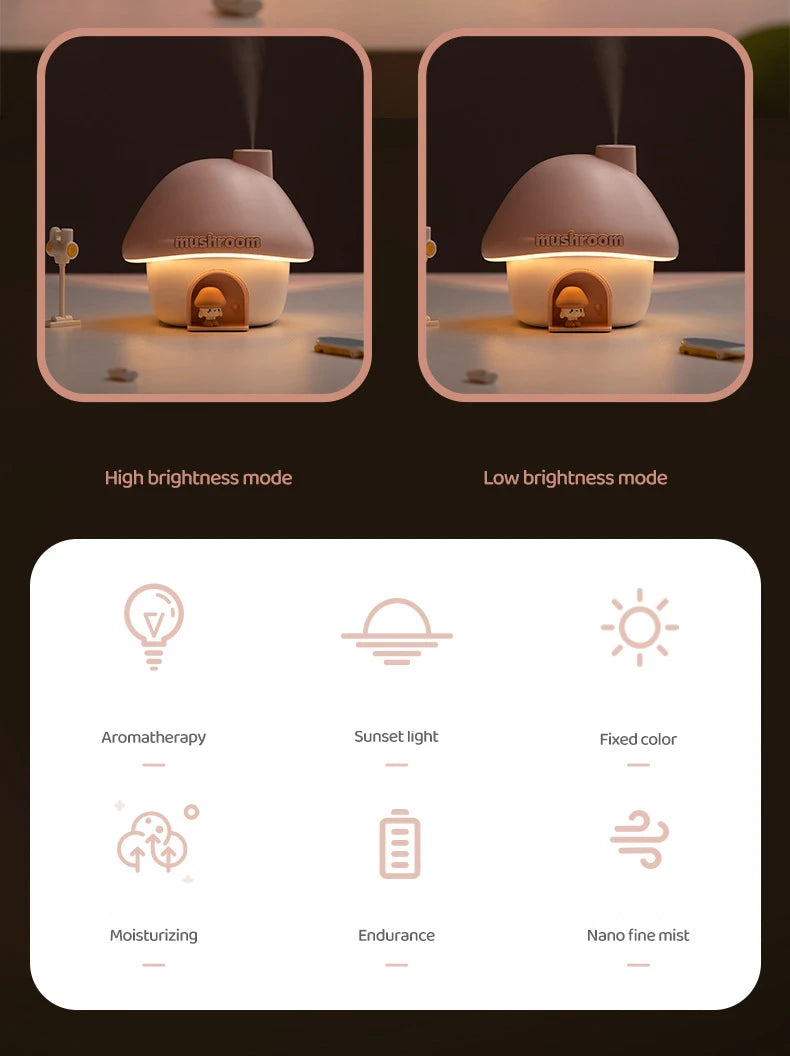 Cartoon Air Humidifier 300ml Mini Essential Oil Aroma Diffusers Colorful Lighting Cute Mushroom House Home Ultrasonic Humidifier