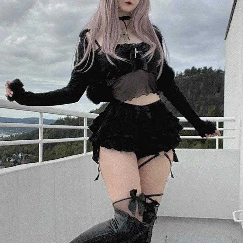 Hotsweet Shorts Women Aesthetic Y2k E-girl Cute Sweet Fairycore Grunge Lace Bow Patchwork High Waist Shorts