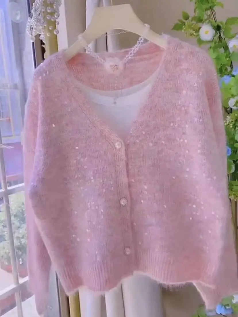 V-neck Fashion Glitter Knitting Cardigan Women Autumn Winter Elegant Solid Color Sweater Coat All-match Trend Knitwear Tops