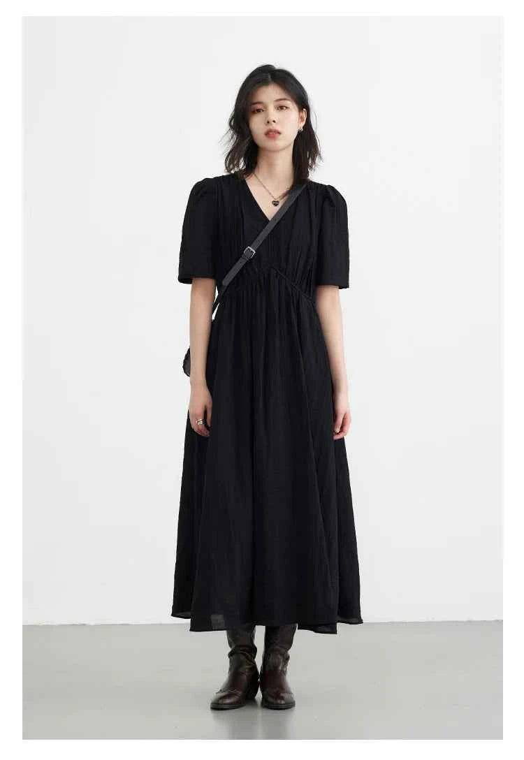 CHIC VEN Women Dresses French Style Vintage V-neck Puff Sleeve Long Dress Solid Black Loose Female Clothing Summer New 2023